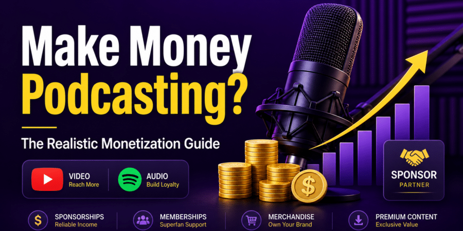 Make money podcasting guide with microphone, sponsor badge, revenue icons and podcast growth chart