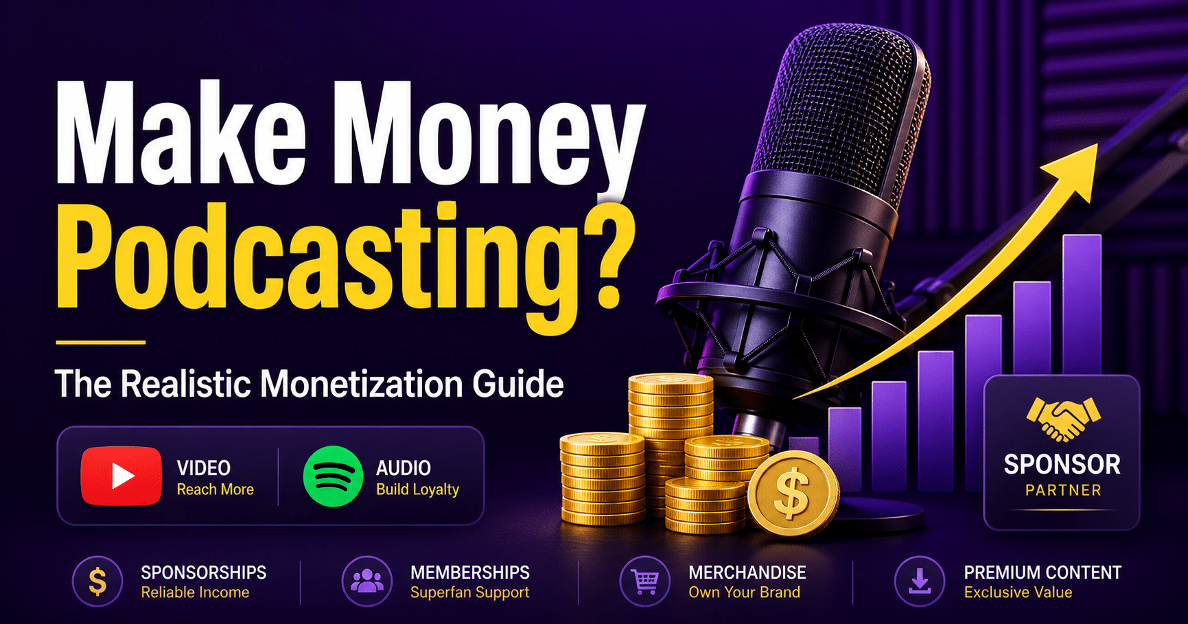 make-money-podcasting | KL Podcast Studio Make money podcasting guide with microphone, sponsor badge, revenue icons and podcast growth chart