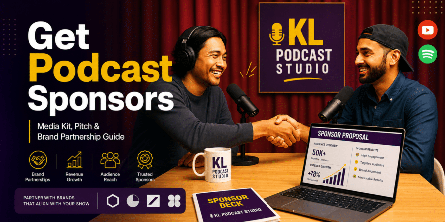 Podcast sponsorship guide with microphone, media kit, sponsor pitch and brand partnership icons
