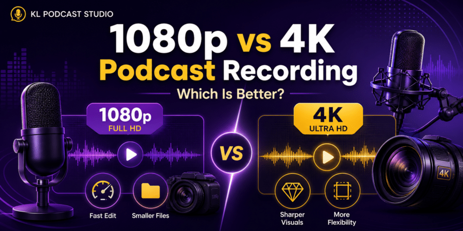 Banner for KL Podcast Studio comparing 1080p Full HD vs 4K Ultra HD podcast recording, featuring microphones and purple-yellow visuals.