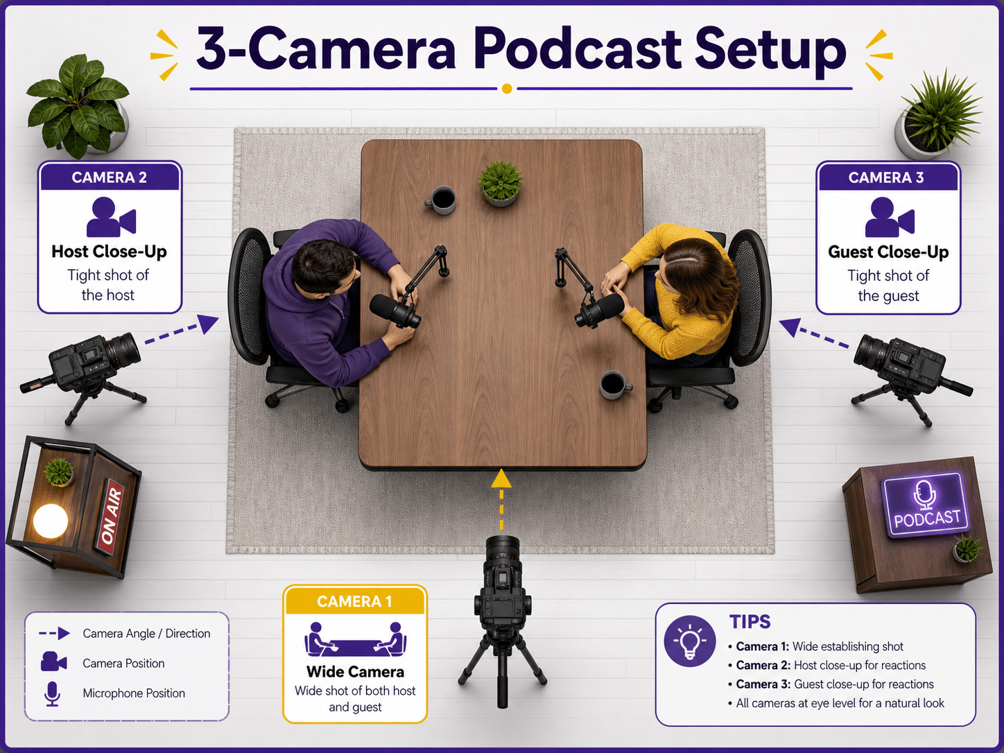 Three camera podcast setup with wide shot host close-up and guest close-up