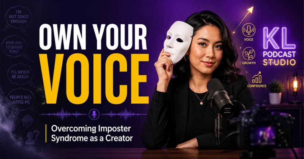 Content creator overcoming imposter syndrome and building confidence in podcast studio