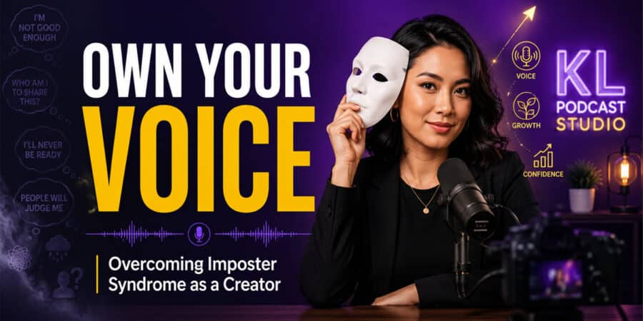 Content creator overcoming imposter syndrome and building confidence in podcast studio