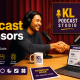 Podcast sponsorship guide with microphone, media kit, sponsor pitch and brand partnership icons